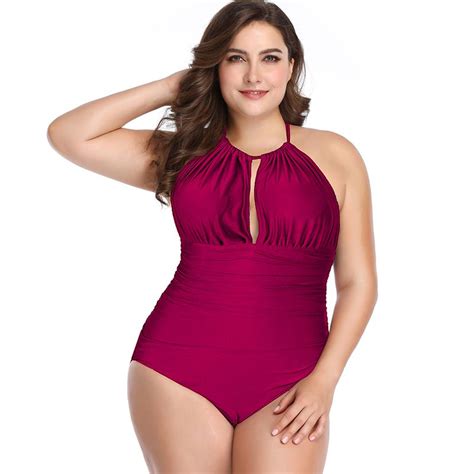 Womens Plus Size One Piece Halterneck Swimsuit Tummy Control Swimwear