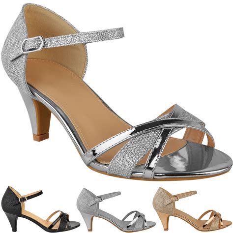 Womens Ladies Low Heel Wedding Bridal Silver Sandals Party Strappy