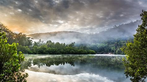 배경 화면 햇빛 나무 경치 숲 호수 자연 반사 하늘 구름 고요한 저녁 아침 안개 강 Hdr 수평선