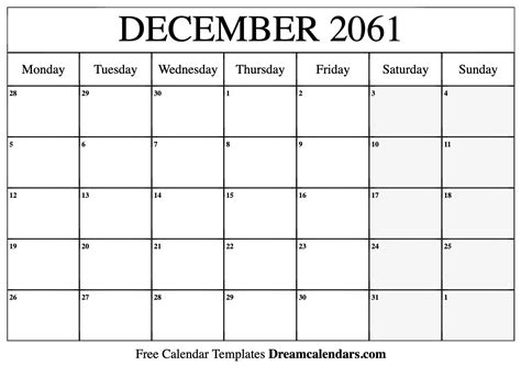 December 2061 Calendar Free Blank Printable With Holidays