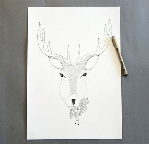 Deer Ink Drawing Deer With Flowers Illustration Forest Animal Art