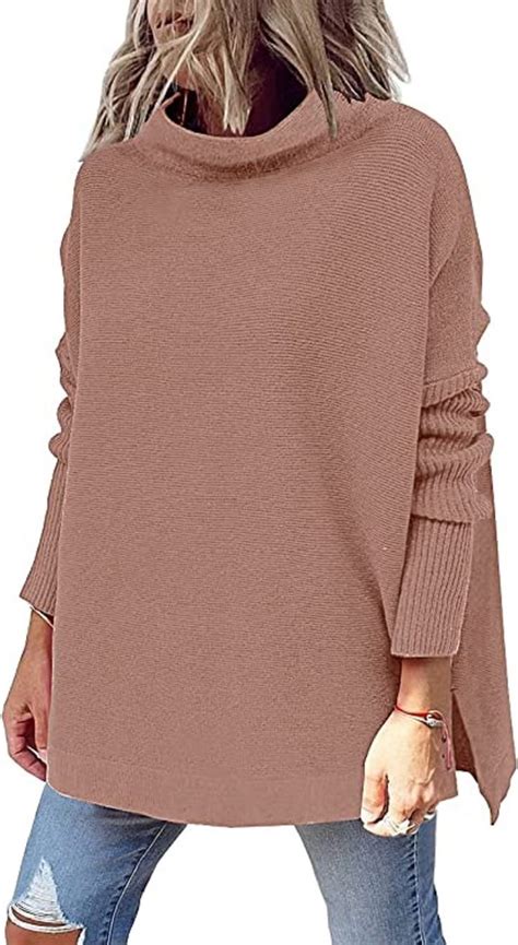 Lillusory Women S Mock Turtleneck Casual Oversized Sweater Long Batwing Sleeve Split Hem Ribbed