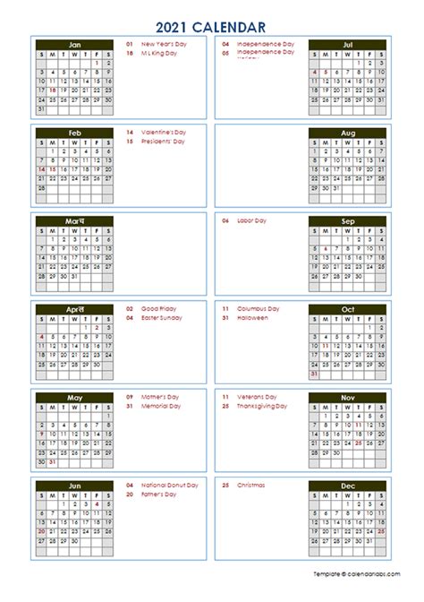 2021 Yearly Calendar Template Vertical Design Free Printable Templates
