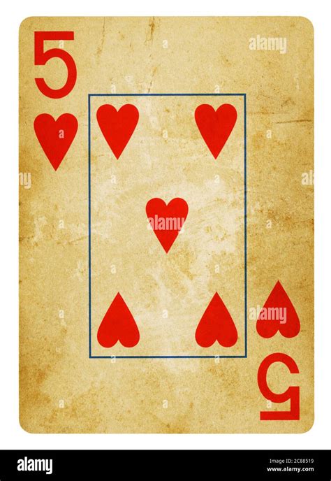 Five Of Hearts Vintage Playing Card Isolated On White Clipping Path
