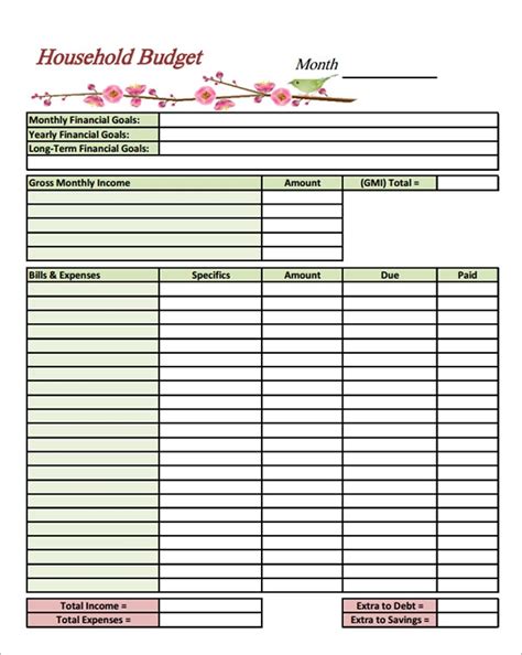 household budget samples  google docs google