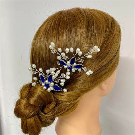 Sapphire Hair Pin Pearl Hair Piece Rhinestone Hair Pin Bridal Head