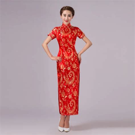 2017new Arrival Red Chinese Traditional Dress Women Silk Satin Cheongsam Long Dripping Qipao