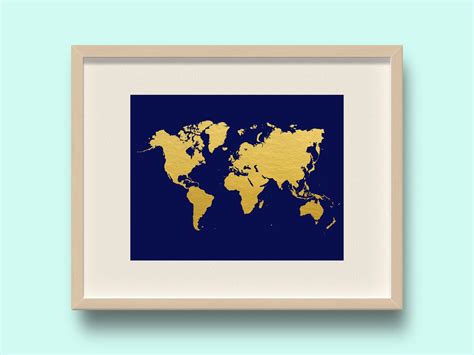 Faux Gold Foil With Navy Blue Black Ground World Map Print Giclee Art