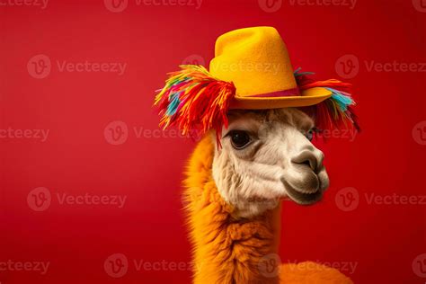 Llama Wearing Colourful Traditional Hat On A Red Background Generative