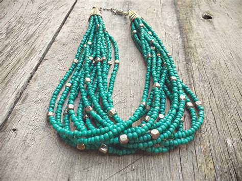 Strand Bead Necklace Turquoise Color Glass Beads Bohemian Necklace