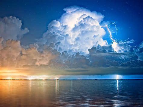 Lightning Clouds Storm Starry Night Cape Canaveral Florida Sea Street Light Water Blue