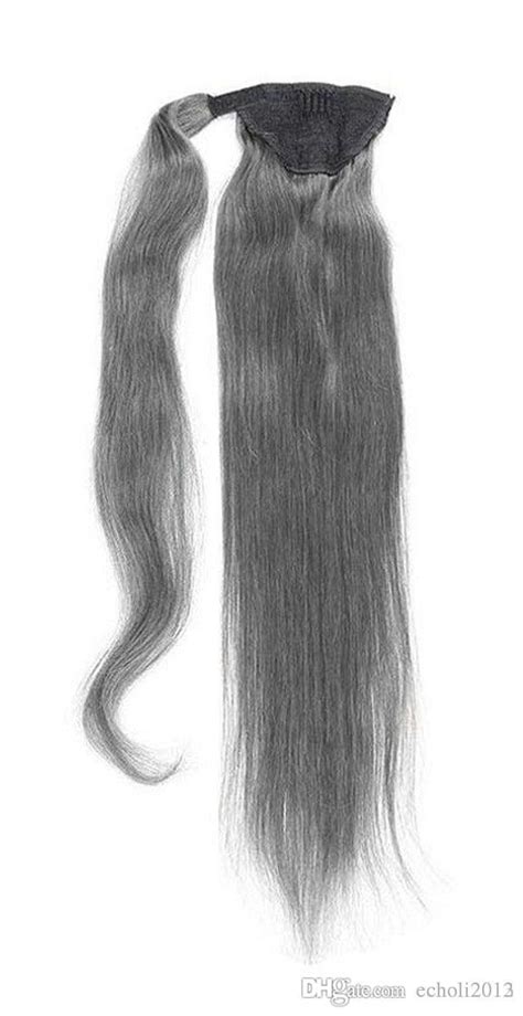 Silver Grey Human Hair Ponytails Hairpiece Wrap Around Dye Free Natural