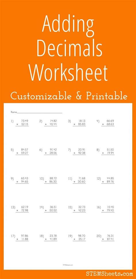 Adding Decimals Worksheet Customizable And Printable Addition With