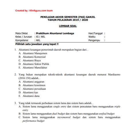 Soal Uas Akuntansi Pemerintahan Kelas 11 Semester 2 Guru K13 Silabus