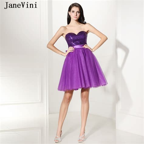 Janevini Elegant A Line Short Sequined Purple Homecoming Dresses 2019