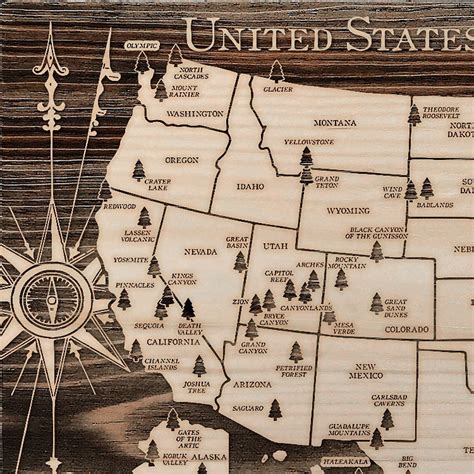 United States National Parks Wooden Map Burnt Laser Carved Wall Art