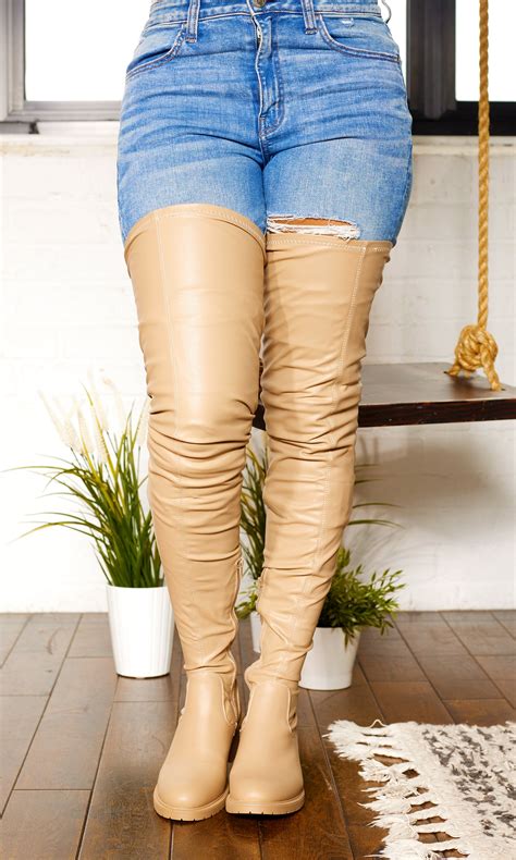 Shes Killing It Surgical Thigh High Flat Stretch Boots Sand Final Sale Cutely Covered