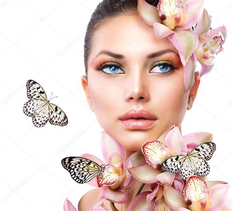 Beautiful Girl With Orchid Flowers And Butterfly — Stock