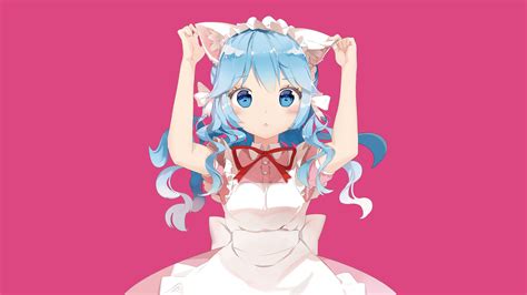 Simple Background Anime Girls Apron Maid Blue Eyes Blue Hair
