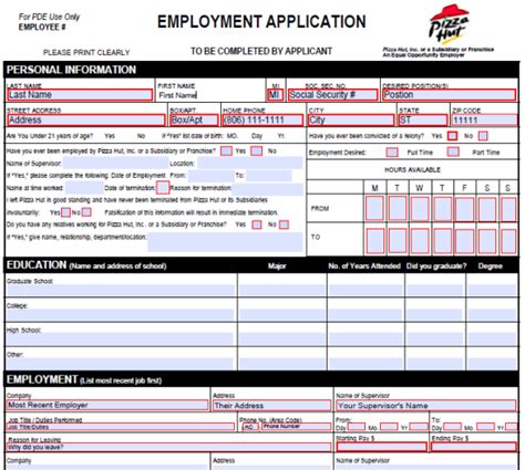 Hourly pay at pizza hut, inc. Pizza Hut Job Application Form