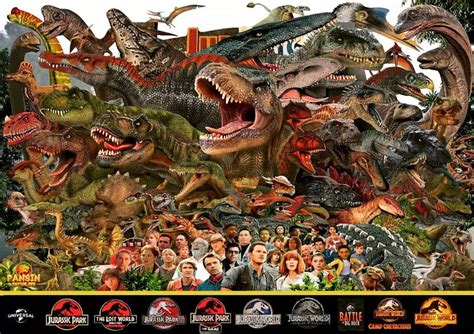 A Large Group Of Dinosaurs With People In The Background