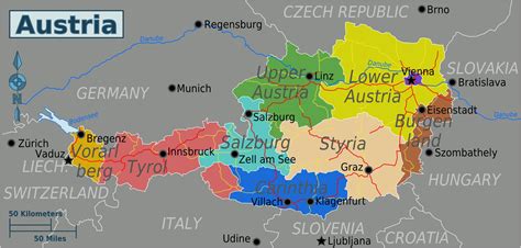 Austrija Karta Regije Austrijskih Pokrajina Kartici Zapadna Europa