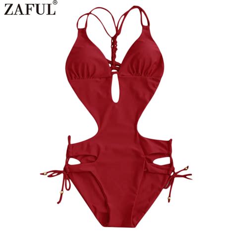 Zaful 2017 New Lace Up Cut Out One Piece Swimwear Sexy Hollow Out Solid Color Spaghetti Straps