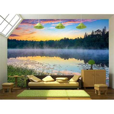 Wall26 Foggy Sunrise Over Forest Lake Removable Wall Mural Self
