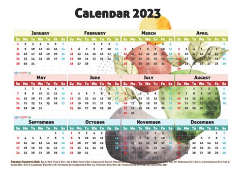 Free Printable 2023 Calendar With Holidays Watercolor