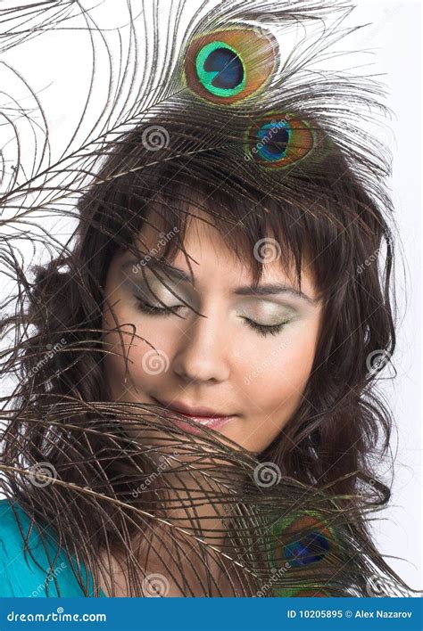 Young Woman And Peacock Feathers Stock Image Image Of Cosmetics