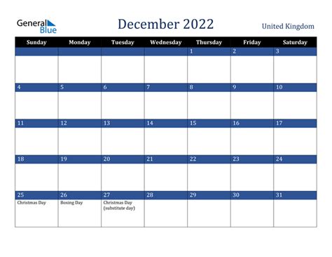 December 2022 Calendar With United Kingdom Holidays