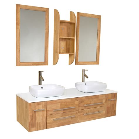 With multiple finish types and an optional okoume wooden board accessory, this sink has it all! 59 Inch Natural Wood Modern Double Vessel Sink Bathroom Vanity UVFVN6119NW59