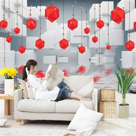 3d Wall Paper For Walls Red Polygon Non Woven Wallpapers Stereoscopic