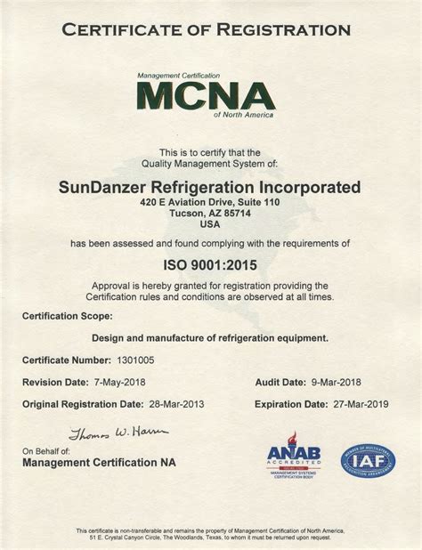 Sundanzer Refrigeration Iso 90012015 Certificate 7 May 2018 1 1