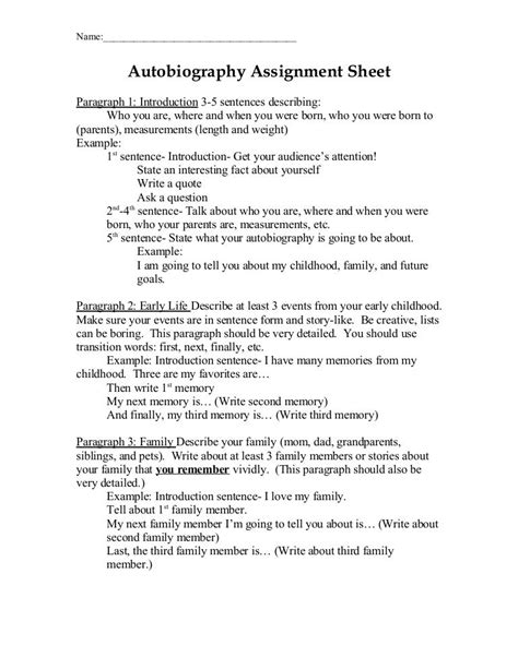 Autobiography Assignment Sheet