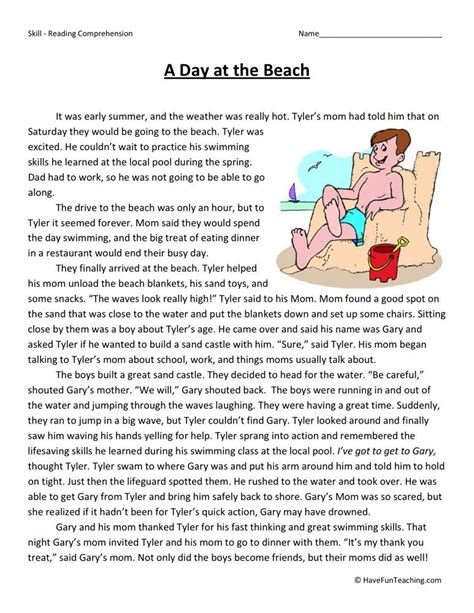 A Day At The Beach Reading Comprehension Worksheet Have Fun Teaching