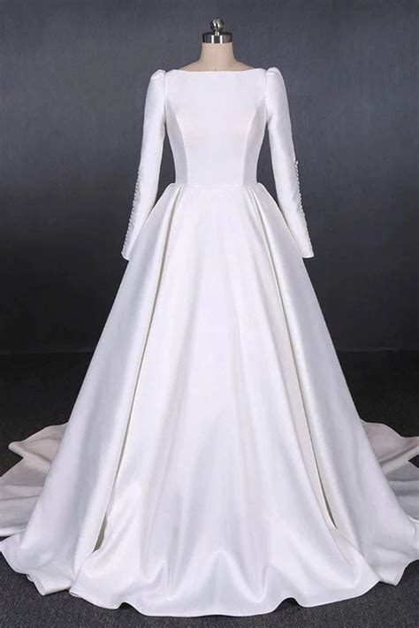 Ball Gown Long Sleeve White Satin Long Simple Wedding Dresses Promdress Me Uk