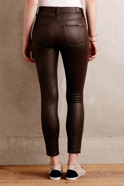 Lyst For All Mankind Coated High Rise Skinny Jeans In Brown