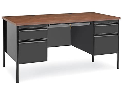 double pedestal steel desk 60 x 30 black base walnut top h 5685bl uline
