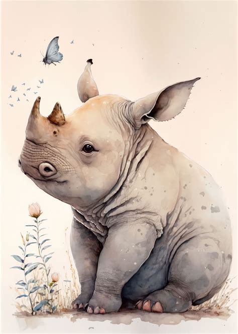 Cute Baby Rhino Painting Poster Picture Metal Print Paint By
