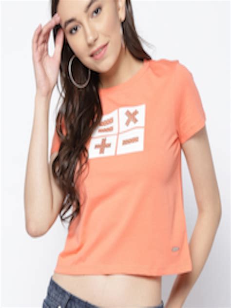 Buy Opt Women Peach Coloured Printed Cropped Round Neck T Shirt
