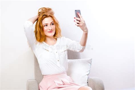 Woman Using Mobile Phone For Online Video Chat On White Joyful Woman Holding Mobile Phone