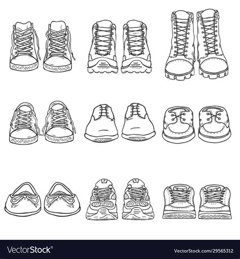 Set Sketch Shoes Items Front View Collection Vector Image