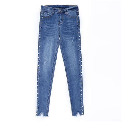 Ripped Skinny Jeans Fashion Pearl Beaded Pencil Denim Jeans Spring
