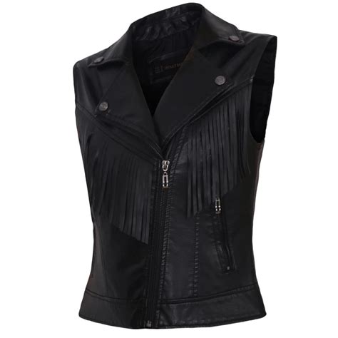 Women Faux Leather Vest Sleeveless Jackets Ladies Black Waistcoat Full Lined Tassel Short Sml