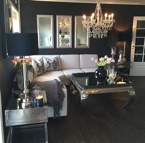 Black Walls In A Modern Glam Living Room Home Interior Interior Design