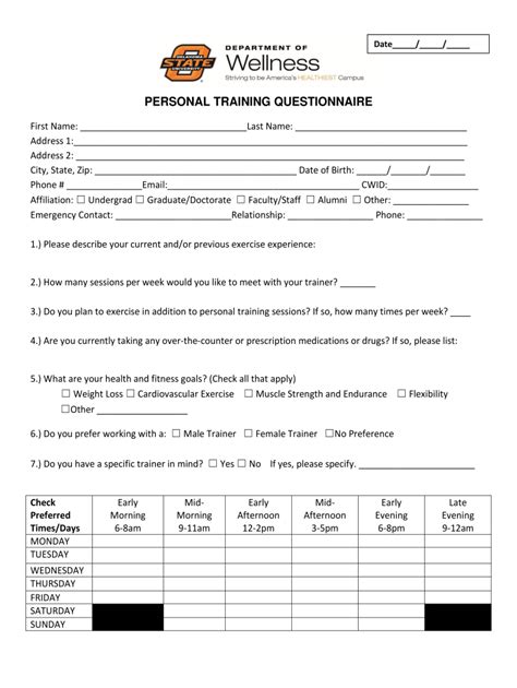 Personal Training Client Questionnaire Template