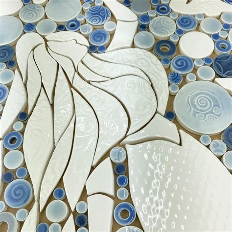 Mermaid Mosaic White With Blue Mix Handmade Ceramic Tile Etsy