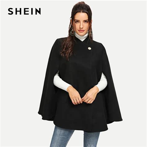 Winter Womens Highstreet Solid Black Single Button Cloak Sleeve Oversized Cape Coat Elegant