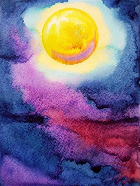 Yellow Big Full Moon On Dark Blue Night Sky Watercolor Painting Stock